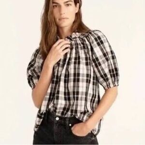 J. Crew Smocked-neck puff-sleeve top in Friday plaid Sz S